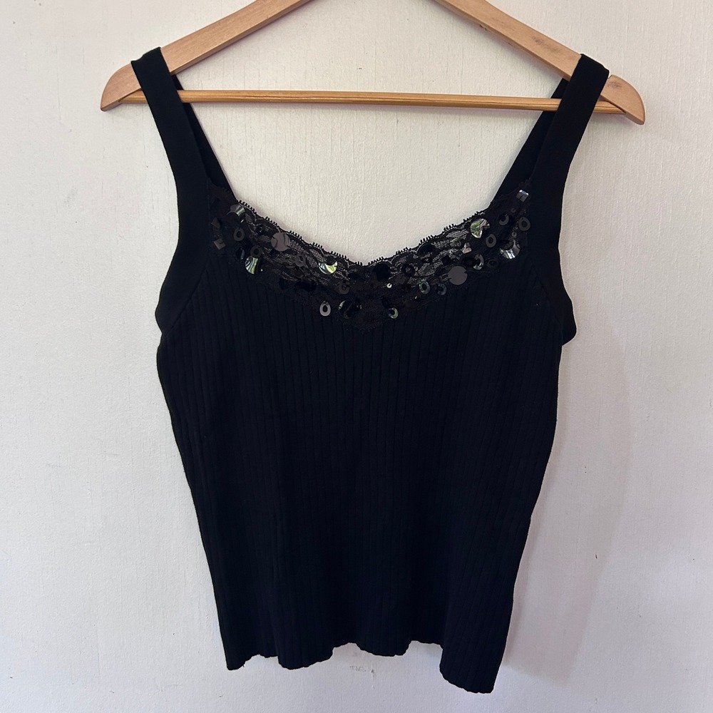 Vintage WR Black Silk Blend Ribbed Camisole Lace Sequin Tank Medium Grunge Fairy